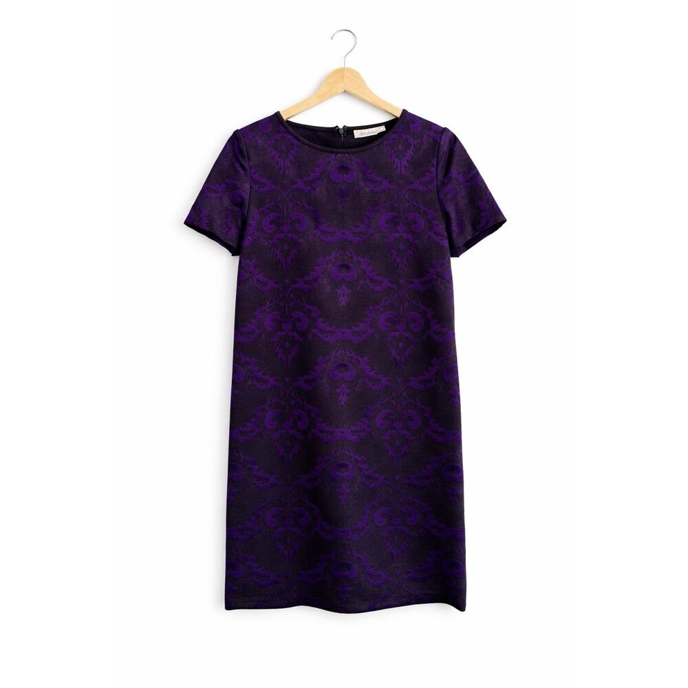 St John Collection Dress Sz 4 Black Purple Jacquard Knit Sheath Short Sleeve